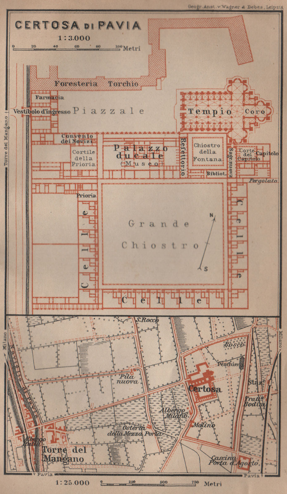 CERTOSA DI PAVIA ground plan. Italy. Torre del Mangano mappa. BAEDEKER 1906